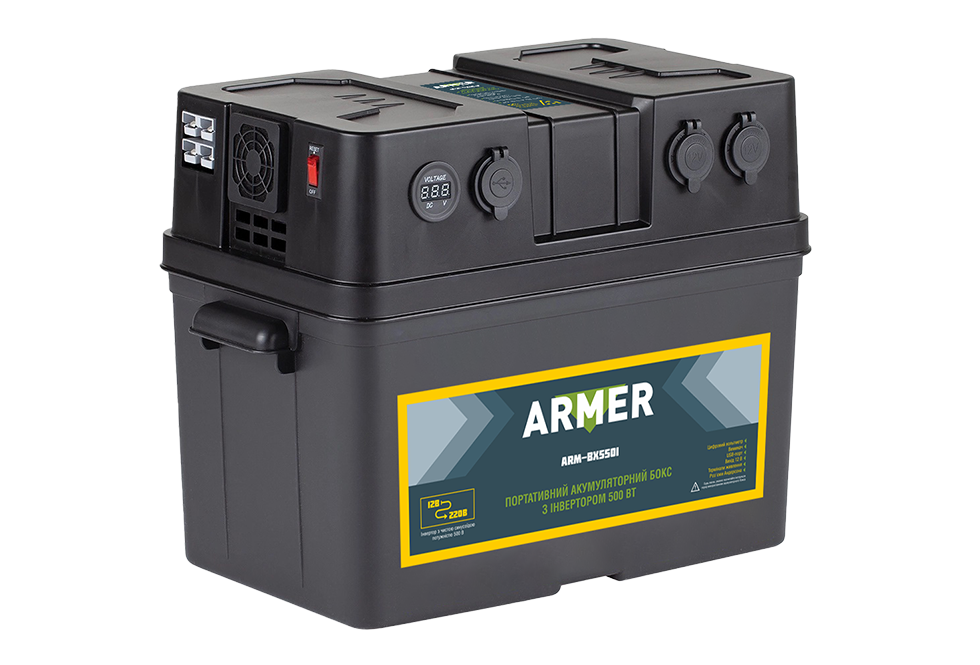Інвертор 12V-220V/500W/чиста сиусоїда з блоком під акумулятор <ARMER>
