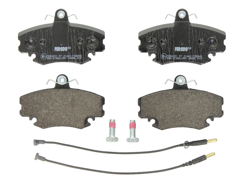 Комплект гальмівних колодок передн (з гвинтами гальмівного супорта), DACIA LOGAN, LOGAN EXPRESS, LOGAN II, LOGAN MCV, SANDERO, SOLENZA, SUPERNOVA; PEUGEOT 205 I, 205 II, 309 I 1.0-Electric 05.77-