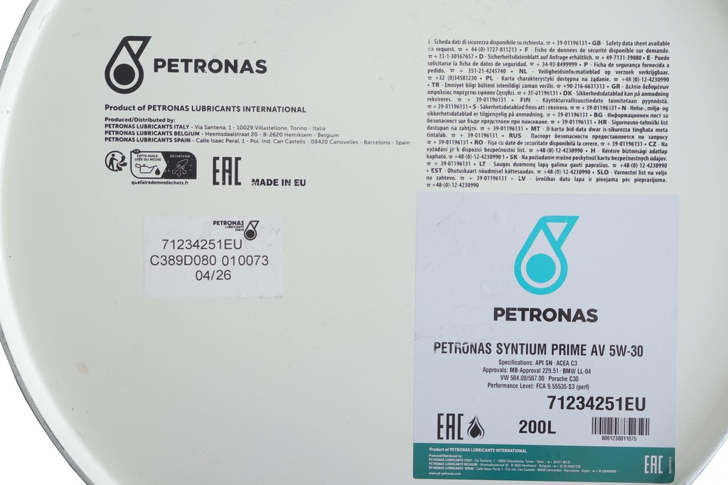 Олива 5W30 SYNTIUM PRIME AV (200L) (LL-04/VW 504 00/507 00/MB 229.51/Porsche C30) заміна для 70950251EU