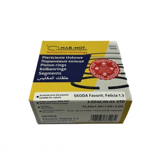 [4.0046.00.03] Кільця поршневі комплект Skoda Favorit Felicia 1.3 STD - 75,50x1,50+1,50+3,00 STD
