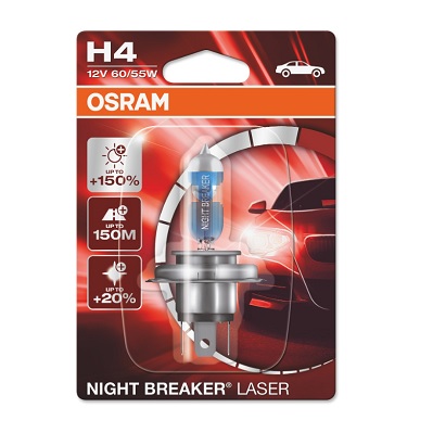 [64193NL-01B] Лампочка Night Breaker Laser галоген H4 (10 шт, 12 В, 60/55 Вт, 1650 лм, тип гнізда: P43T, Білий; (EN) up to 150% greater brightness; (EN) up to 150m light beam; (EN) up to 20% whiter light) OSRAM