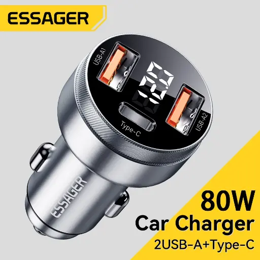 [ES-CC10] Автомобильное зарядное устройство 80 Вт 2USB+TypeC PD+QC LED дисплей технология быстрой зарядки