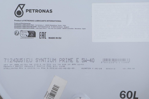 [71243U51EU] Олива 5W40 SYNTIUM PRIME E (60L) (MB 229.5/VW 502.00/505.00/LL-01/RN0700/RN0710) (API SP)(ACEA A3/B4) заміна для 70731U51EU